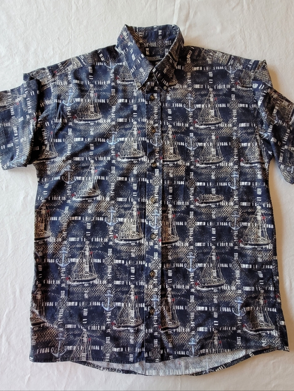 Crossing Men's Navy Nautical Print Short-Sleeve Shirt Size L